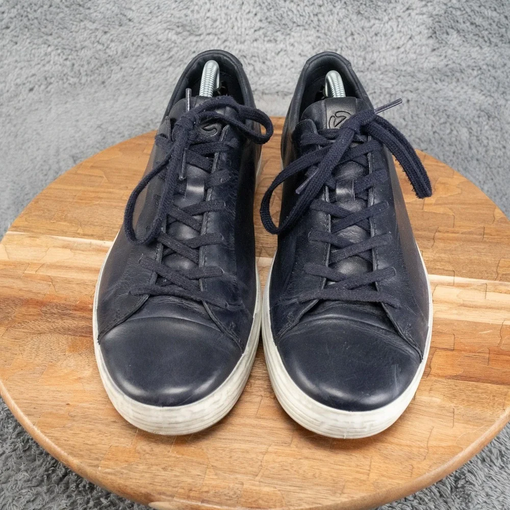 ECCO Men's 10 Navy Leather Lace-Up Sneakers White Sole Casual Comfort